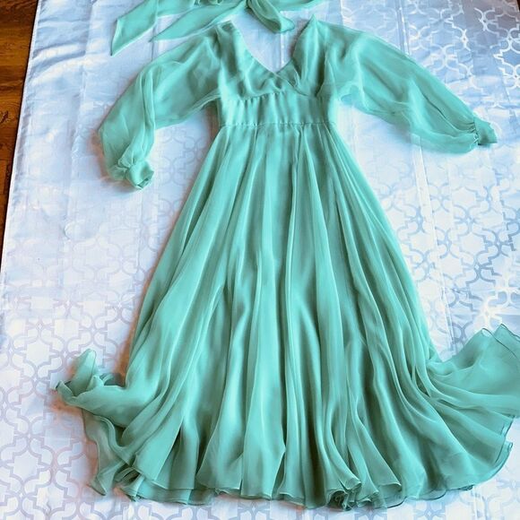 Vintage Green Pleated Chiffon Maxi Dress - Picture 6 of 15